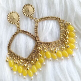 Golden jhumka bezel with yellow beads in square shape