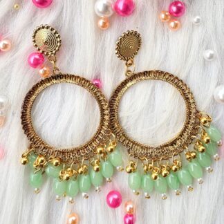 Golden jhumka bezel with Aqua green beads in round shape jk6655