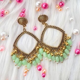 Golden jhumka bezel with Sea green beads in Square shape Jk1023