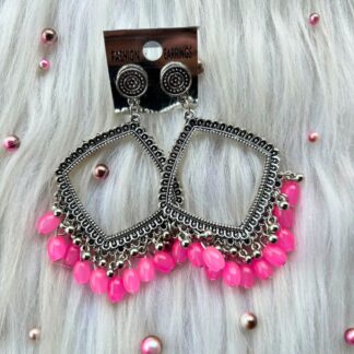 silver jhumka bezel with pink beeds in square shapee