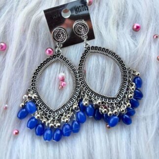 silver jhumka bezel with blue beads in eye shape