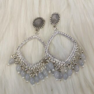 silver jhumka bezel with grey beads in square shape