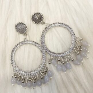 silver jhumka bezel with grey beads in round shape