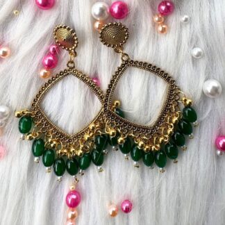 Jhumka bezel with dark green beeds in square shape