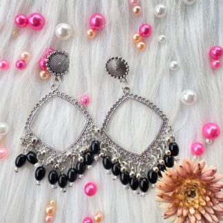 silver jhumka bezel with black beads in square shape