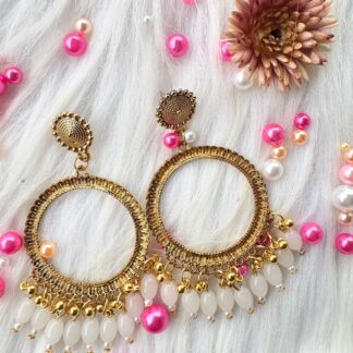 golden Jhumka Bezel with white beads in round shape