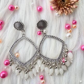 silver jhumka bezel with white beads in square shape