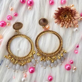 golden jhumka bezel with grey beads in round shape