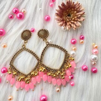golden jhumka bezel with pink beads in square shape