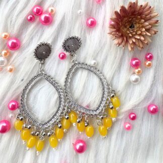 silver jhumka bezel with yellow beads in eyes shape