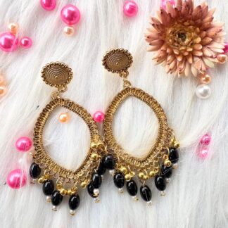 golden jhumka bezel with black beads in eyes shape