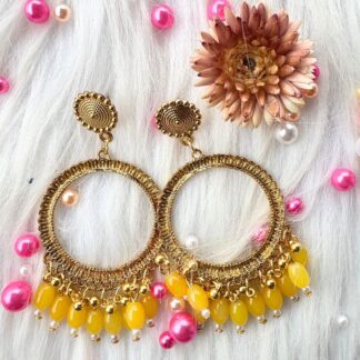 golden Jhumka Bezel with yellow beads in round shape