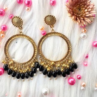 golden jhumka bezel with black beeds in round shape