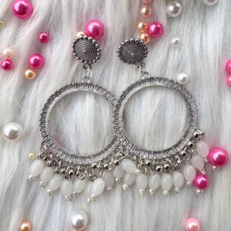 silver jhumka bezel with white beads in round shape