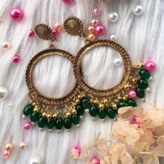 golden jhumka bezel with green beads in round shape