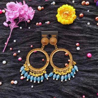 Golden jhumka bezel with Marble Blue beads in Round shape