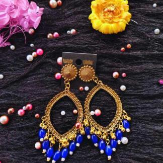 Golden jhumka bezel with Blue beads in Eye shape