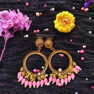 Golden jhumka bezel with Light Pink beads in Round shape
