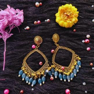 Golden jhumka bezel with Marble Blue beads in Square shape