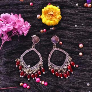 Silver jhumka bezel with Red Wine beads in Square shape
