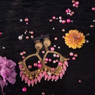 Golden jhumka bezel with Light Pink beads in Square shape