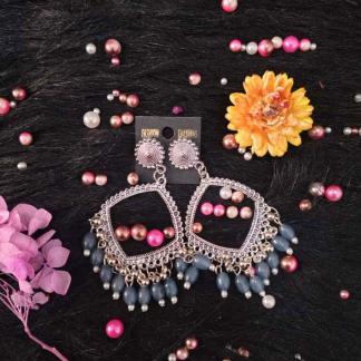 Silver jhumka bezel with Marble Blue beads in Square shape