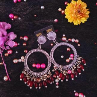 Silver jhumka bezel with Red Wine beads in Round shape