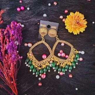 Golden jhumka bezel with Green beads in Square shape