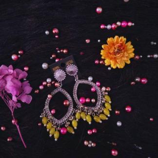 Silver jhumka bezel with Lemon Yellow beads in Eye shape