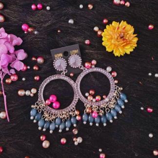 Silver jhumka bezel with Marble Blue beads in Round shape