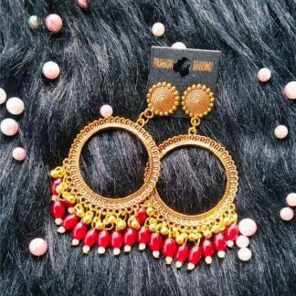 Golden Jhumka Bezel With Red Wine Beads in Round Shape