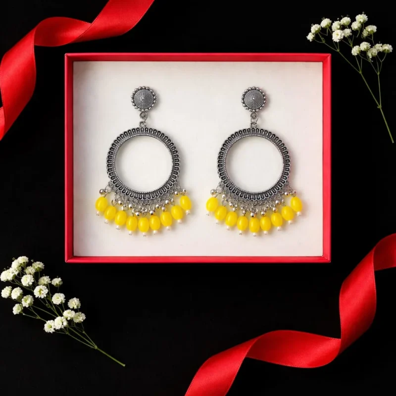 Silver Round Shape Jhumka with Yellow Beads for Resin Art