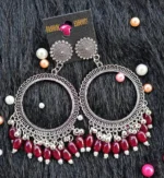 Silver Jhumka Red Wine Beaded Round Bezel Pendant | Handmade Epoxy Resin Jewelry