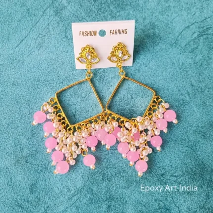 Square Bezel Jhumka Earrings with Light Pink & White Beads – Handmade Resin Art