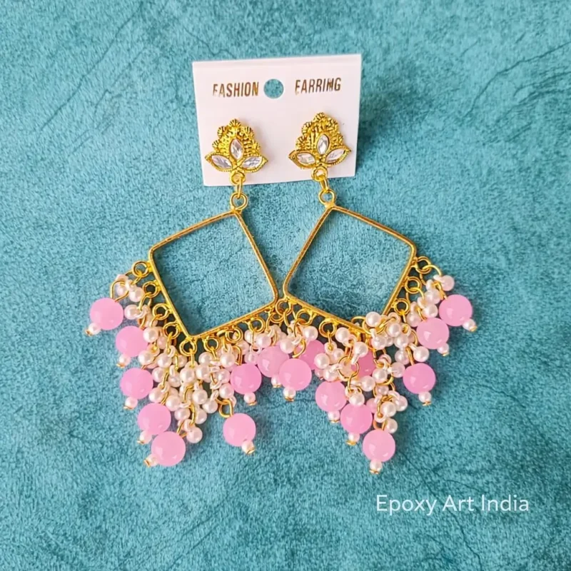 Square Bezel Jhumka Earrings with Light Pink & White Beads – Handmade Resin Art