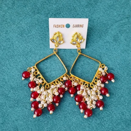 Square Bezel Jhumka Earrings with Red & White Beads For Resin Art