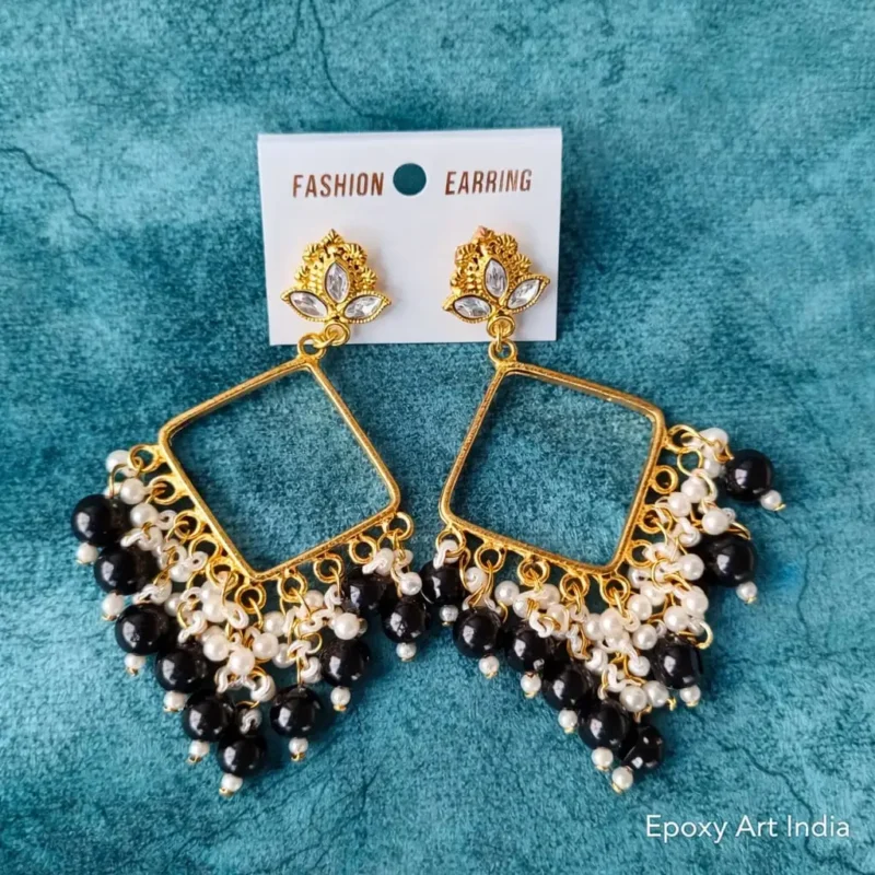 Square Bezel Jhumka Earrings Black with White Beads – Handmade Resin Art Jewelry