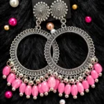 Pink Beaded Silver Jhumka Earrings – Round Bezel Design | Epoxy Art India