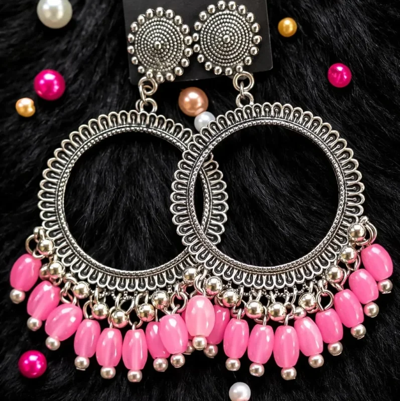 Pink Beaded Silver Jhumka Earrings – Round Bezel Design | Epoxy Art India