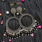 Silver Jhumka Black Beaded Round Bezel Pendant | Handmade Epoxy Resin Jewelry