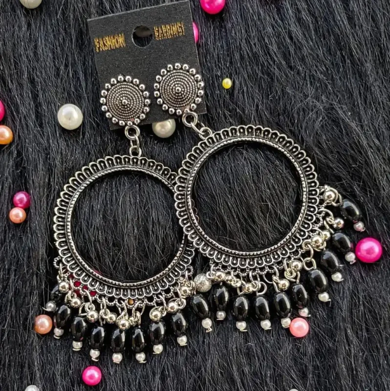 Silver Jhumka Black Beaded Round Bezel Pendant | Handmade Epoxy Resin Jewelry
