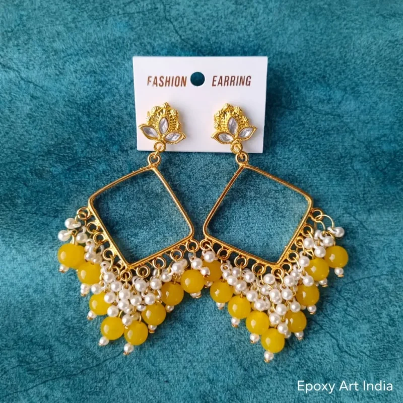 Square Bezel Jhumka Earrings Yellow with White Beads – Handmade Resin Art Jewelry
