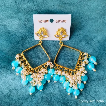 Square Bezel Jhumka Earrings Sky Blue with White Beads – Handmade Resin Art Jewelry