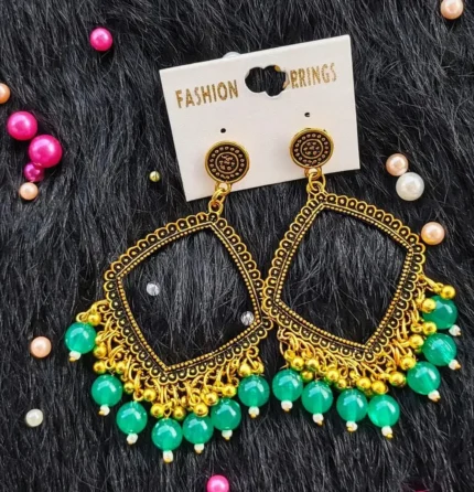 Golden Jhumka Green Beaded Square Bezel Pendant | Handmade Epoxy Resin Jewelry