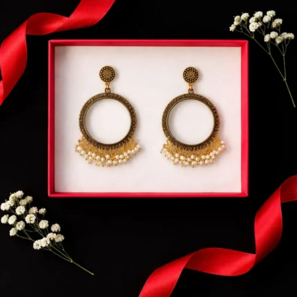 Golden Round Shape Jhumka with Small White Beads for Resin Art