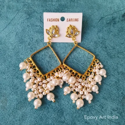 Square Bezel Jhumka Earrings with White Beads – Handmade Resin Art Jewelry