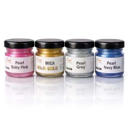 🎨 Shades Included Pearl Baby Pink Mica Rich Gold Pearl Grey Pearl Navy Blue (Set of 4 Units) A premium luxury metallic combination perfect for elegant, royal, and modern resin artwork. ⭐ Product Description Add depth, shine, and sophistication to your resin creations with our Pearl & Mica Pigment Collection (E Variant). These ultra-fine mica powders are specially formulated to provide intense shimmer, smooth blending, and long-lasting metallic brilliance in epoxy resin. The rich gold adds luxury, navy blue gives royal depth, baby pink brings softness, and pearl grey adds modern elegance. Ideal for professional artists and resin creators who want premium metallic finishes.
