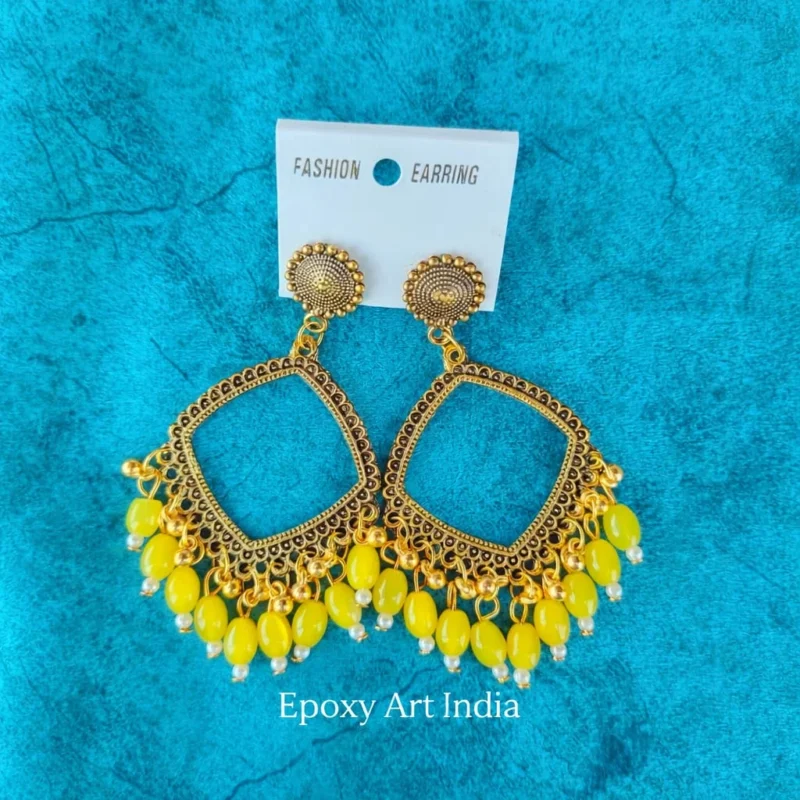 Golden Square Shape Jhumka with Yellow Beads for Resin Art