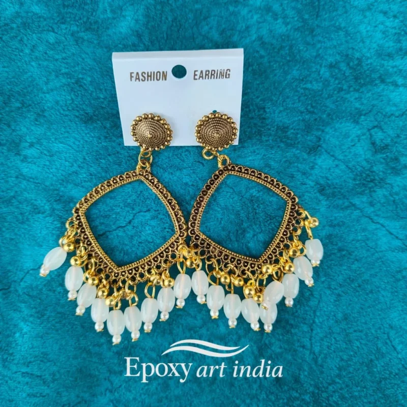 Golden Square Shape Jhumka with White Beads for Resin Art