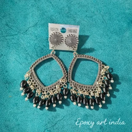 Silver Square Shape Jhumka with Black Beads for Resin Art